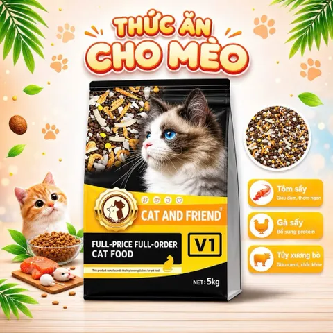 Hạt Cho Mèo cat and friend PET V1 Hạt thịt sấy siêu Mix Thịt Đông Khô Kích Thích Thèm Ăn
