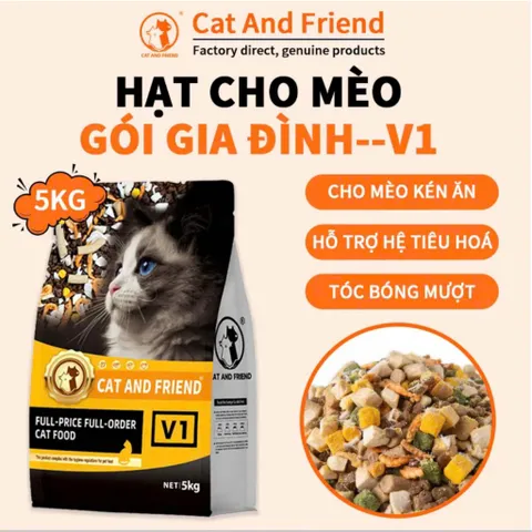 Hạt Cho Mèo cat and friend PET V1 Hạt thịt sấy siêu Mix Thịt Đông Khô Kích Thích Thèm Ăn