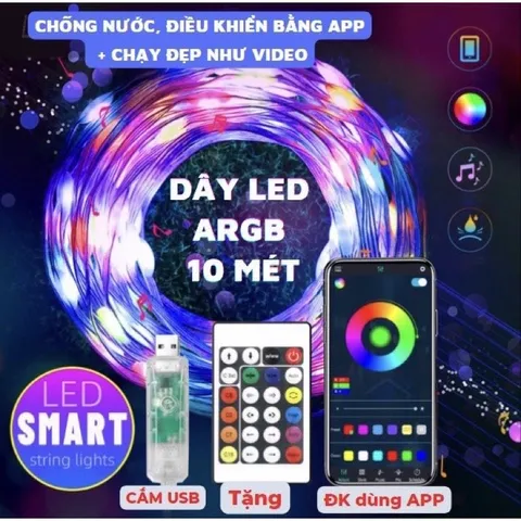 Cuộn nháy Led giọt lệ cao cấp đuổi 10M Dây đèn RGB 5V nháy theo nhạc chống nước chỉnh app điện thoại điều Khiển
