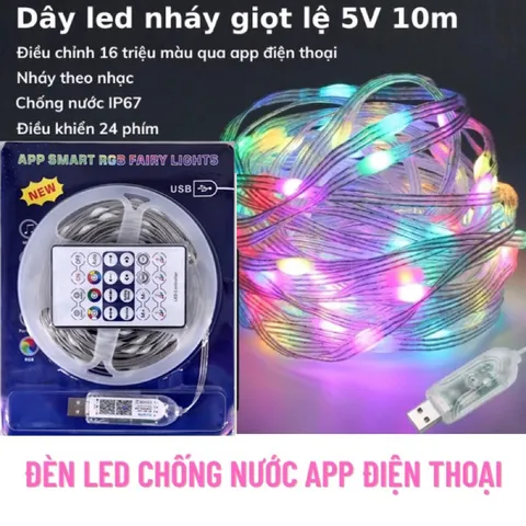 Cuộn nháy Led giọt lệ cao cấp đuổi 10M Dây đèn RGB 5V nháy theo nhạc chống nước chỉnh app điện thoại điều Khiển
