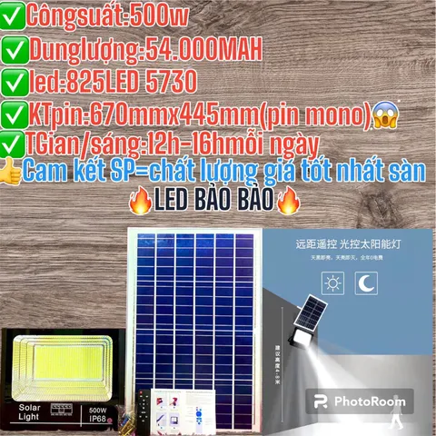 Pha led năng lượng mặt trời cao cấp siêu sáng 500w thân nhôm chiếu sáng sân vườn,nhà xưởng,bãi xe,ao hồ chống nước ip67