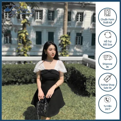 VÁY ĐẦM CỔ NƠ TAY PHỐI TƠ CÓ THỂ MẶC TRỄ VAI ĐI TIỆC