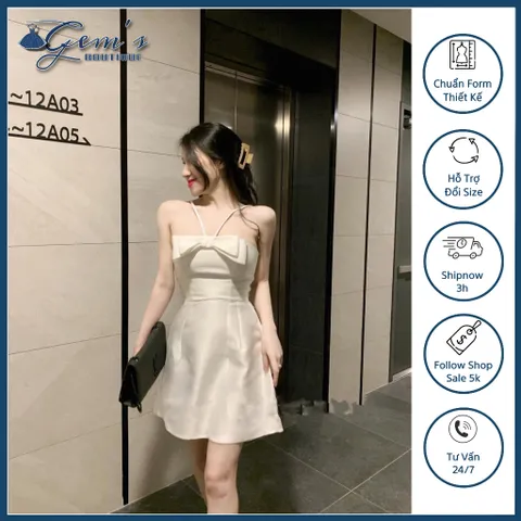 Váy đầm 2 dây nơ ngực sang chảnh  ( 2 lớp , đệm ngực cao cấp )