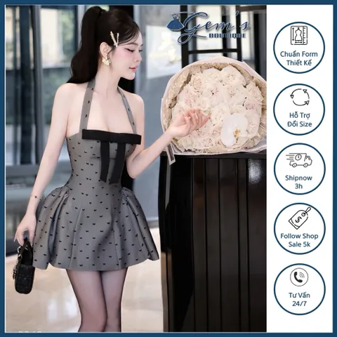VÁY / ĐẦM 2 DÂY MÀU XÁM ĐIỂM NƠ DÁNG XOÈ BỒNG BỀNH ( sẵn mút ngực)