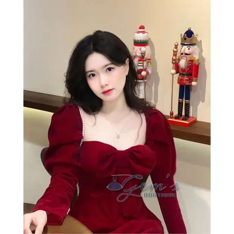 VÁY / ĐẦM NHUNG DÁNG A TAY DÀI NƠ NGỰC TÔN DÁNG