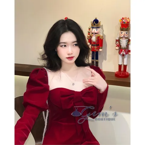 VÁY / ĐẦM NHUNG DÁNG A TAY DÀI NƠ NGỰC TÔN DÁNG