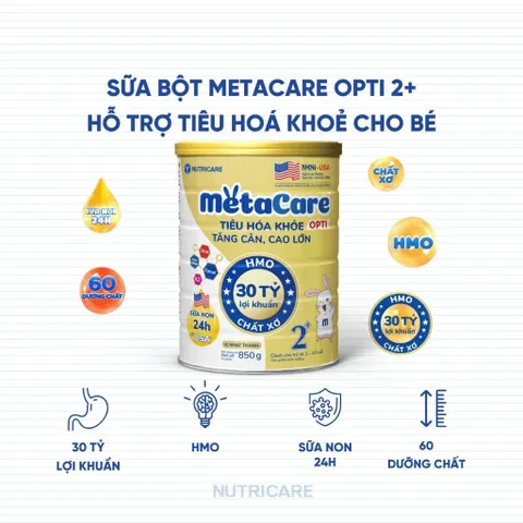 Combo 2 lon Sữa Bột METACARE OPTI 2+ 850G Tiêu Hoá Khoẻ Tăng Cân Cao Lớn Cho Bé Từ 2-10 Tuổi 850G