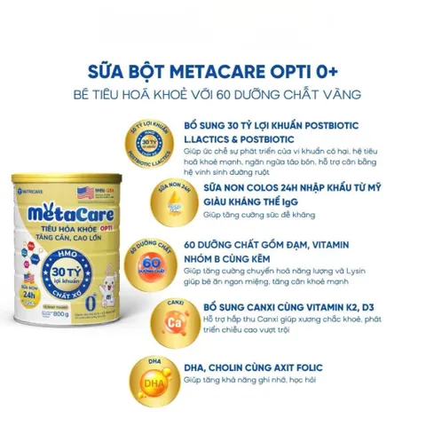 Sữa Bột Metacare Opti 1+ 850gr - Sữa Mát - Vị Nhạt Thanh - Tiêu Hoá Khoẻ, Bé Tăng Cân Cao Lớn