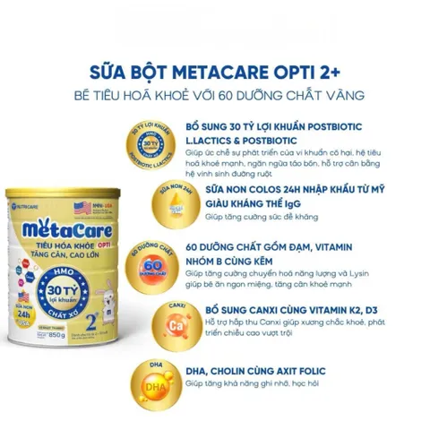 Sữa Bột Metacare Opti 1+ 850gr - Sữa Mát - Vị Nhạt Thanh - Tiêu Hoá Khoẻ, Bé Tăng Cân Cao Lớn