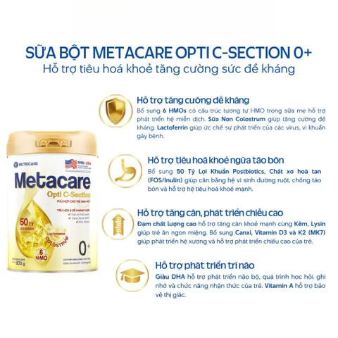 Sữa Bột Nutricare METACARE OPTI C-SECTION 0+ Hỗ Trợ Tiêu Hoá Khoẻ Tăng Cường Đề Kháng Cho Trẻ Sinh Mổ Bé Từ 0-12 Tháng 902004