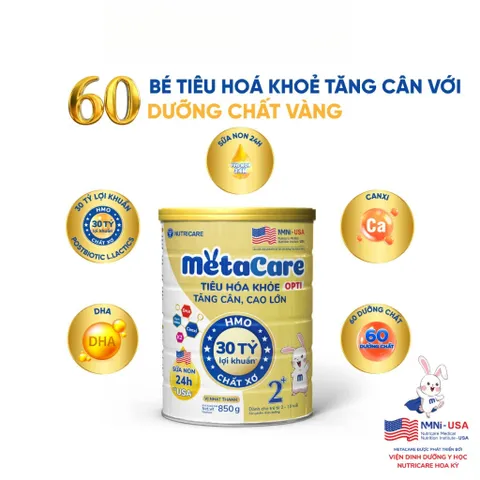 Sữa Bột METACARE OPTI 2+ Nutricare Tiêu Hoá Khoẻ Tăng Cân Cao Lớn Tăng Cường Đề Kháng Vị Thanh Nhạt Bé 2-10 Tuổi 850G