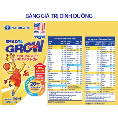 Thùng 48 Hộp Sữa Bột Pha Sẵn SMARTA GROW OPTI Nutricare Tăng Chiều Cao Cân Nặng Bổ Sung 20 Tỷ Lợi Khuẩn Cho Bé Từ 1 Tuổi
