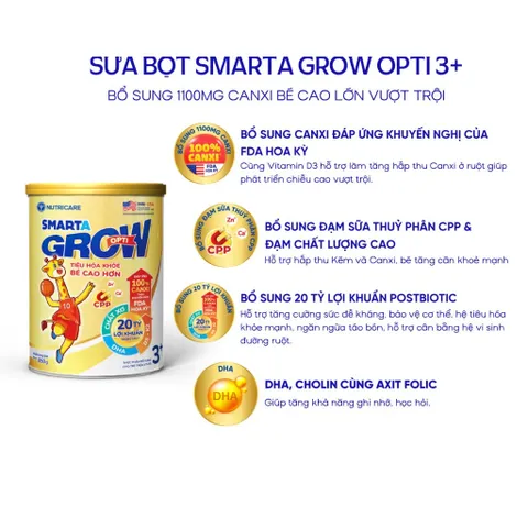 Sữa Bột Nutricare SMARTA GROW OPTI 3+ Bé Tăng Chiều Cao Phát Triển Trí Não Tăng Cân Tăng Sức Đề Kháng Cho Bé Từ 3 Tuổi