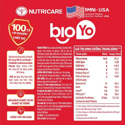 Sữa công thức Nutricare Bioyo 100 tỷ Lợi khuẩn Postbiotic tiêu hóa khỏe ngừa táo bón tăng khả năng hấp thu (Sữa Chua)