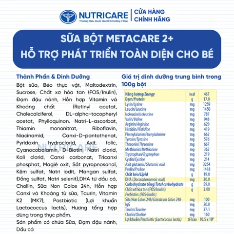 Sữa Bột Nutricare METACARE 2+ 850G Giúp Bé Tăng Cân Phát Triển Chiều Cao ( Mẫu Mới 2-3 Tuổi ) - Ruby Milk 276