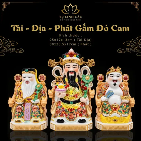 Bộ Tượng Tài – Địa – Phát Gấm Đỏ Cam Mạ Vàng Cao Cấp - Phát Lộc Chiêu Tài, Hòa Hợp & Vượng Khí - Tụ Linh Các