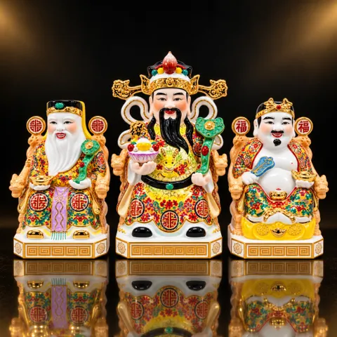 Bộ Tượng Tài – Địa – Phát Gấm Đỏ Cam Mạ Vàng Cao Cấp - Phát Lộc Chiêu Tài, Hòa Hợp & Vượng Khí - Tụ Linh Các