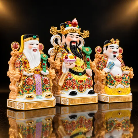Bộ Tượng Tài – Địa – Phát Gấm Đỏ Cam Mạ Vàng Cao Cấp - Phát Lộc Chiêu Tài, Hòa Hợp & Vượng Khí - Tụ Linh Các