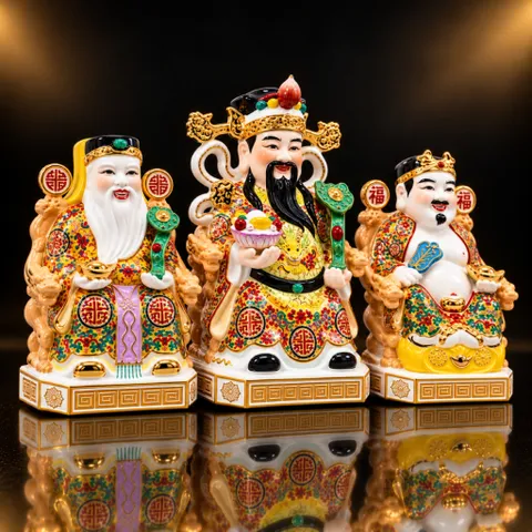 Bộ Tượng Tài – Địa – Phát Gấm Đỏ Cam Mạ Vàng Cao Cấp - Phát Lộc Chiêu Tài, Hòa Hợp & Vượng Khí - Tụ Linh Các