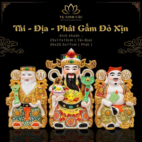 Bộ Tượng Tài – Địa – Phát Gấm Đỏ Xịn Mạ Vàng Cao Cấp - Phát Lộc Chiêu Tài, Hòa Hợp & Vượng Khí - Tụ Linh Các