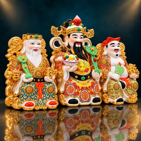 Bộ Tượng Tài – Địa – Phát Gấm Đỏ Xịn Mạ Vàng Cao Cấp - Phát Lộc Chiêu Tài, Hòa Hợp & Vượng Khí - Tụ Linh Các