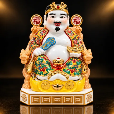 Bộ Tượng Tài – Địa – Phát Gấm Đỏ Cam Mạ Vàng Cao Cấp - Phát Lộc Chiêu Tài, Hòa Hợp & Vượng Khí - Tụ Linh Các