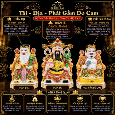 Bộ Tượng Tài – Địa – Phát Gấm Đỏ Cam Mạ Vàng Cao Cấp - Phát Lộc Chiêu Tài, Hòa Hợp & Vượng Khí - Tụ Linh Các