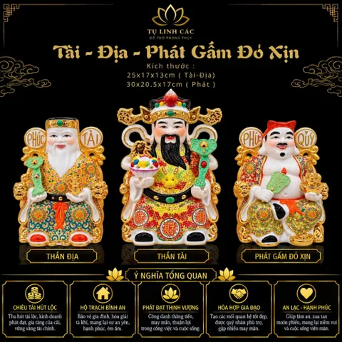 Bộ Tượng Tài – Địa – Phát Gấm Đỏ Xịn Mạ Vàng Cao Cấp - Phát Lộc Chiêu Tài, Hòa Hợp & Vượng Khí - Tụ Linh Các