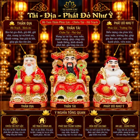Bộ Tượng Tài – Địa – Phát Đỏ Như Ý Mạ Vàng Cao Cấp - Phát Lộc Chiêu Tài, Hòa Hợp & Vượng Khí - Tụ Linh Các