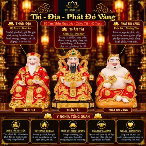 Bộ Tượng Tài – Địa – Phát Đỏ Vàng Mạ Vàng Cao Cấp - Phát Lộc Chiêu Tài, Hòa Hợp & Vượng Khí - Tụ Linh Các