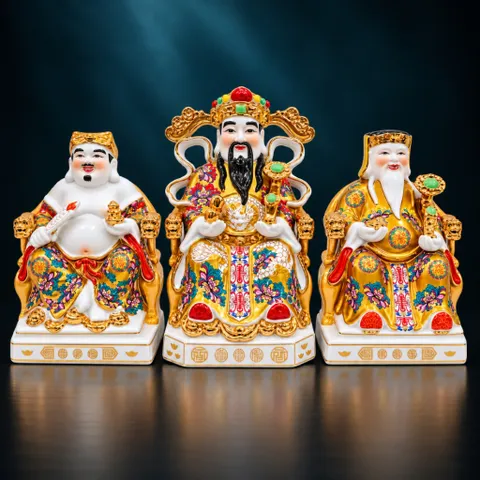 Bộ Tượng Tài – Địa – Phát Gấm Đỏ Vàng Mạ Vàng Cao Cấp - Phát Lộc Chiêu Tài, Hòa Hợp & Vượng Khí - Tụ Linh Các