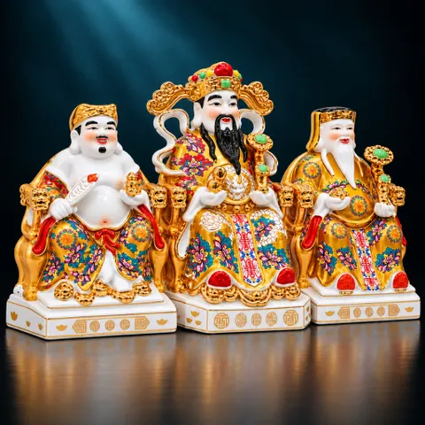 Bộ Tượng Tài – Địa – Phát Gấm Đỏ Vàng Mạ Vàng Cao Cấp - Phát Lộc Chiêu Tài, Hòa Hợp & Vượng Khí - Tụ Linh Các