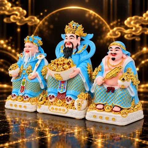 Bộ Tượng Tài – Địa – Phát Xanh Dương Mạ Vàng Cao Cấp - Phát Lộc Chiêu Tài, Hòa Hợp & Vượng Khí - Tụ Linh Các