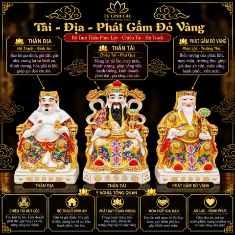 Bộ Tượng Tài – Địa – Phát Gấm Đỏ Vàng Mạ Vàng Cao Cấp - Phát Lộc Chiêu Tài, Hòa Hợp & Vượng Khí - Tụ Linh Các