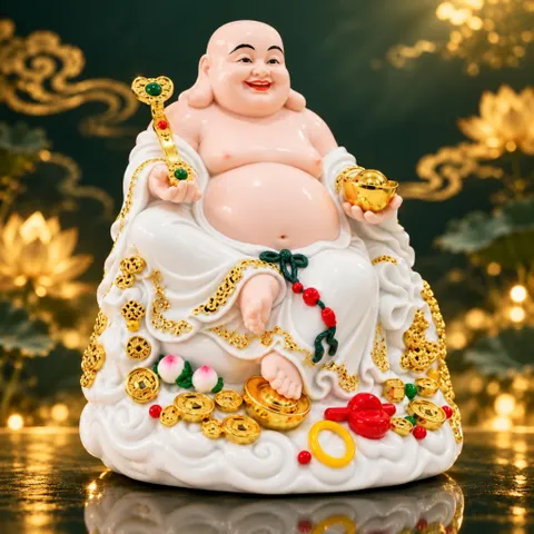 Tượng Phật Di Lặc Ngự Tòa Mây Như Ý Áo Trắng Cao Cấp