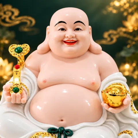 Tượng Phật Di Lặc Ngự Tòa Mây Như Ý Áo Trắng Cao Cấp