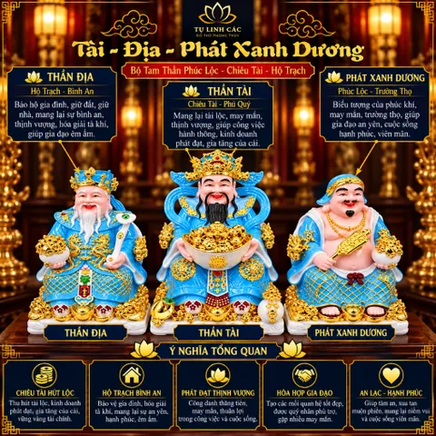 Bộ Tượng Tài – Địa – Phát Xanh Dương Mạ Vàng Cao Cấp - Phát Lộc Chiêu Tài, Hòa Hợp & Vượng Khí - Tụ Linh Các