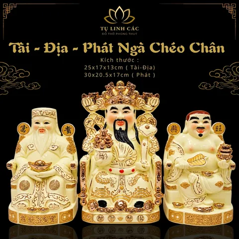 Bộ Tượng Tài – Địa – Phát Ngà Chéo Chân Mạ Vàng Cao Cấp - Phúc Thọ Song Toàn, Vạn Sự Hưng Vượng - Tụ Linh Các