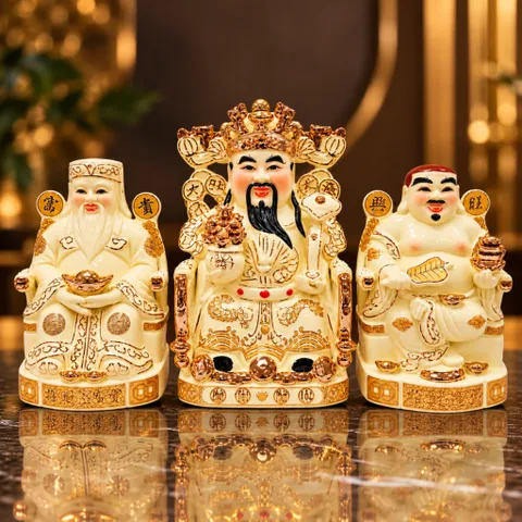 Bộ Tượng Tài – Địa – Phát Ngà Chéo Chân Mạ Vàng Cao Cấp - Phúc Thọ Song Toàn, Vạn Sự Hưng Vượng - Tụ Linh Các