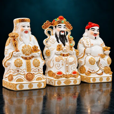 Bộ Tượng Tài – Địa – Phát Trắng Như Ý Mạ Vàng Cao Cấp - Phát Lộc Chiêu Tài, Hòa Hợp & Vượng Khí - Tụ Linh Các