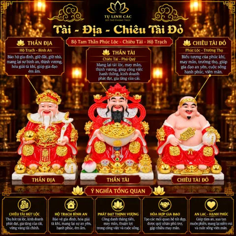 Bộ Tượng Tài – Địa – Phát Đỏ Mạ Vàng Cao Cấp - Phát Lộc Chiêu Tài, Hòa Hợp & Vượng Khí - Tụ Linh Các