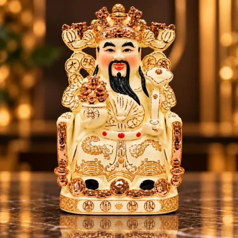 Bộ Tượng Tài – Địa – Phát Ngà Chéo Chân Mạ Vàng Cao Cấp - Phúc Thọ Song Toàn, Vạn Sự Hưng Vượng - Tụ Linh Các