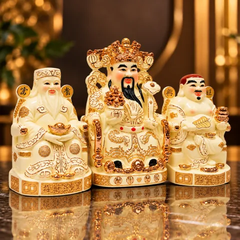 Bộ Tượng Tài – Địa – Phát Ngà Chéo Chân Mạ Vàng Cao Cấp - Phúc Thọ Song Toàn, Vạn Sự Hưng Vượng - Tụ Linh Các