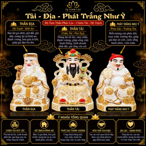 Bộ Tượng Tài – Địa – Phát Trắng Như Ý Mạ Vàng Cao Cấp - Phát Lộc Chiêu Tài, Hòa Hợp & Vượng Khí - Tụ Linh Các