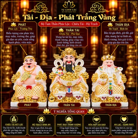 Bộ Tượng Tài – Địa – Phát Trắng Vàng Mạ Vàng Cao Cấp - Phát Lộc Chiêu Tài, Hòa Hợp & Vượng Khí - Tụ Linh Các