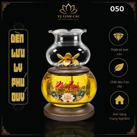 Đèn Dầu Lưu Ly Phú Quý Vàng Đế Nâu Cao Cấp (Mã 050) - Thiết Kế Tinh Xảo, Ánh Sáng Trang Nghiêm - Tụ Linh Các