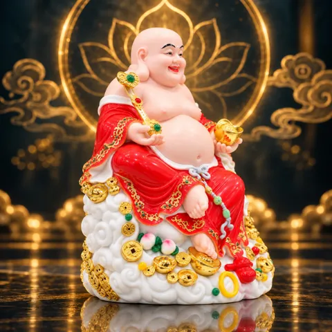Tượng Phật Di Lặc Ngự Tòa Mây Như Ý Áo Đỏ Cao Cấp