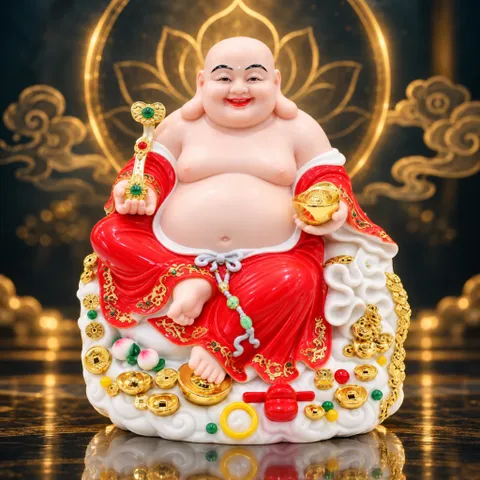 Tượng Phật Di Lặc Ngự Tòa Mây Như Ý Áo Đỏ Cao Cấp