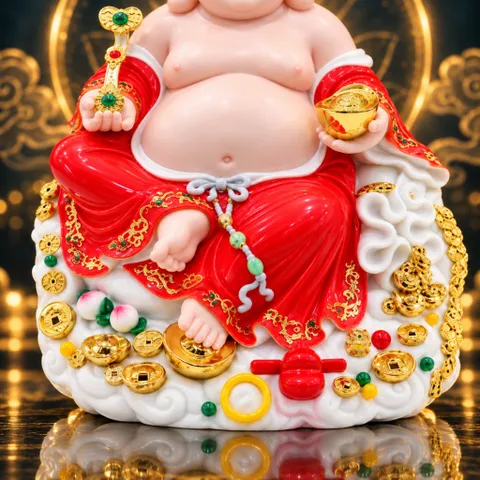 Tượng Phật Di Lặc Ngự Tòa Mây Như Ý Áo Đỏ Cao Cấp