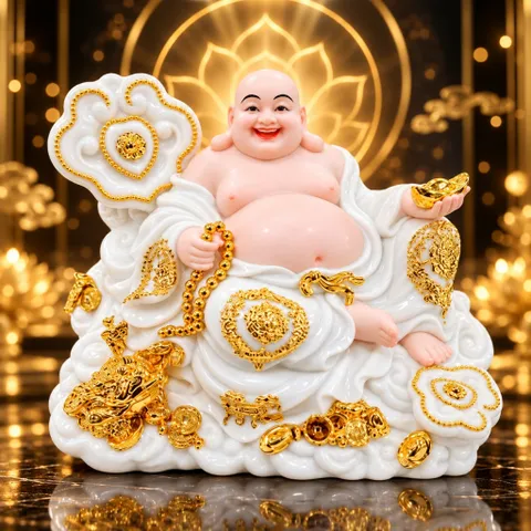 Tượng Phật Di Lặc Ngự Tòa Mây Áo Trắng Cao Cấp - Đồ Thờ Phong Thuỷ